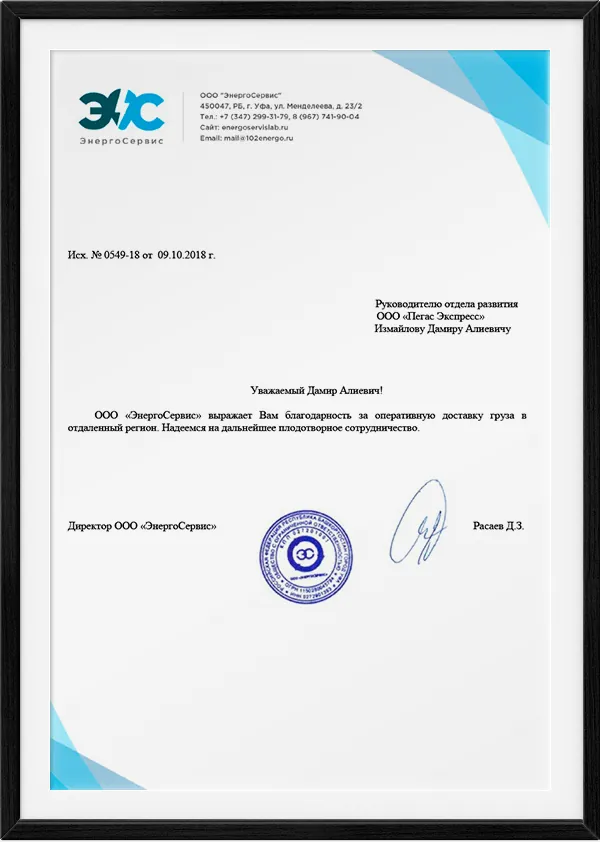 Рекомендательное письмо — ООО «ЭнергоСервис»